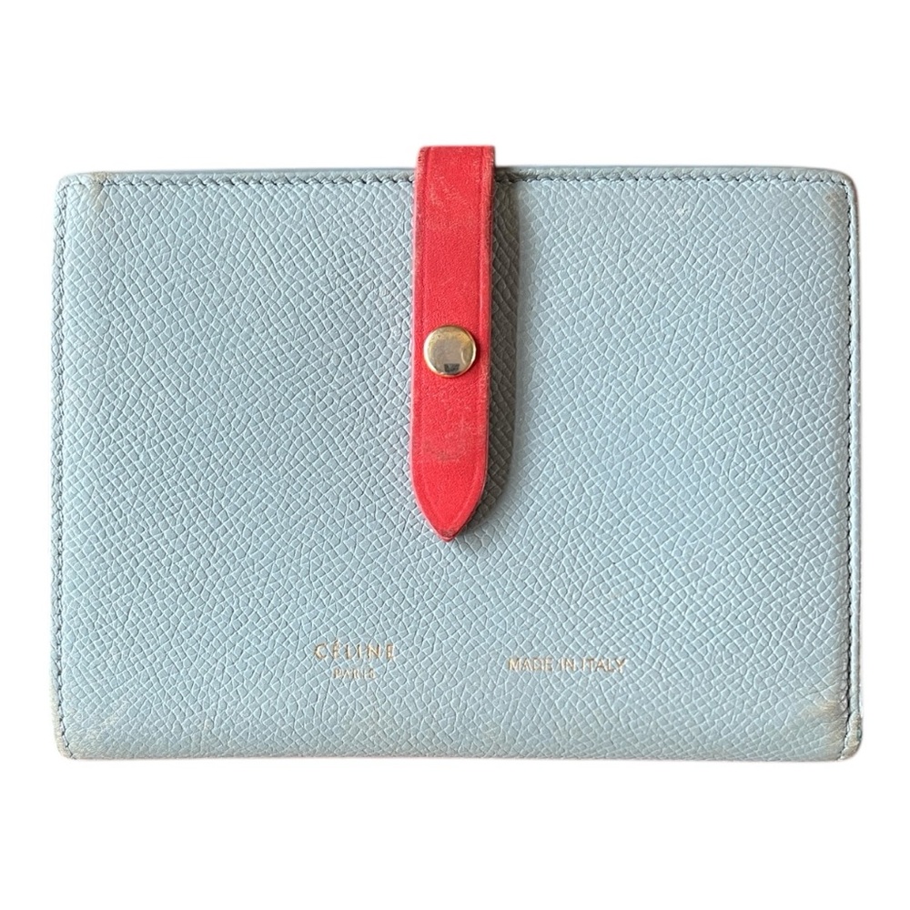 Celine Medium Strap Wallet in Bicolor Grained Calfskin - Pale Blue/Coral. EUC
